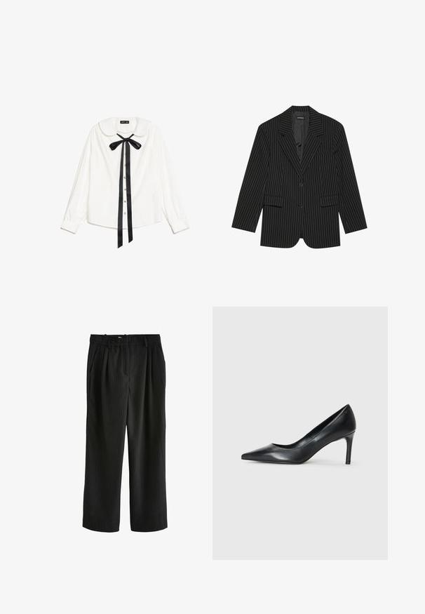 Blazer negro a rayas con solapa de muesca, cierre de un solo botón, dos bolsillos frontales y un ajuste ligeramente oversize. Tejido suave y ajustado.; Blusa blanca de manga larga con cuello Peter Pan, lazo de satén negro en el cuello y botones de perla en la parte delantera.; Pantalones anchos negros con rayas verticales, que cuentan con un frente plisado, cintura elástica y una textura suave.; Zapato de tacón negro de cuero con punta afilada y un tacón delgado, textura suave y sin adornos visibles. Diseño limpio con una estética minimalista.