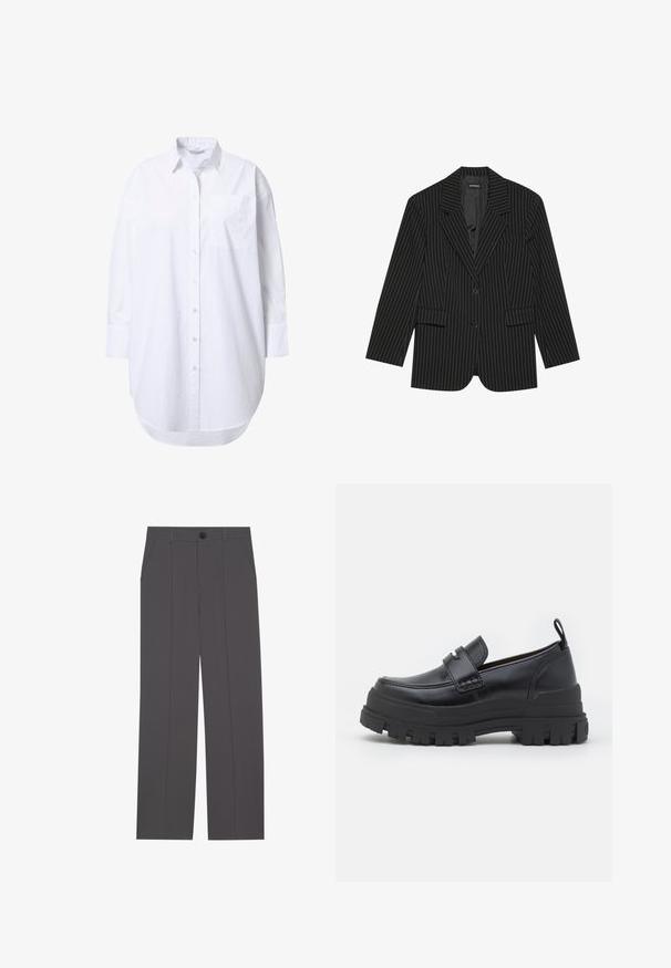Sort blazer med nålestriber, med slået revers, enkelt knaplukning, to frontlommer og en let oversized pasform. Glat, skræddersyet stof.; Overdimensioneret hvid skjorte med lange ærmer, spidst krave, forlommer og let buet nederkant.; Grå bukser med lige ben design, der har to side lommer og en knaplukning. Glat stof uden synlige mønstre eller detaljer.; Sort læderloafer med tyk rillede sål, mok tå syning, remdetalje over toppen og trækstrop på hælen, vist i sideprofil.