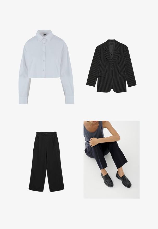 Blazer noir à rayures avec un col cranté, fermeture à un bouton, deux poches avant et une coupe légèrement oversize. Tissu lisse et ajusté.; Chemise blanche courte à col pointu, à manches longues et à texture lisse. Comprend une patte de boutonnage à l'avant avec des boutons assortis.; Pantalon noir à jambes larges avec devant plat, deux plis et poches latérales. Confectionné dans un tissu lisse avec une ceinture structurée.; Mocassins en cuir noir avec accents texturés, talon bas, bout arrondi, et coutures visibles. Modèle portant un pantalon sombre et un haut gris.