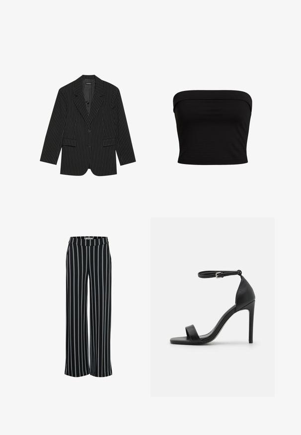 Sort blazer med nålestriber, med slået revers, enkelt knaplukning, to frontlommer og en let oversized pasform. Glat, skræddersyet stof.; Sort strapless top med et tætsiddende design, lavet af blødt stof med en glat overflade og rene kanter. Ingen yderligere mønstre eller accenter.; Sorte stofbukser med lodrette blå striber, bred ben-design og elastisk talje. Glat tekstur, ingen synlige lukninger.; Sort højhælet sandal med et sleek design, der har en ankelrem, åben tå og glat lædertekstur.