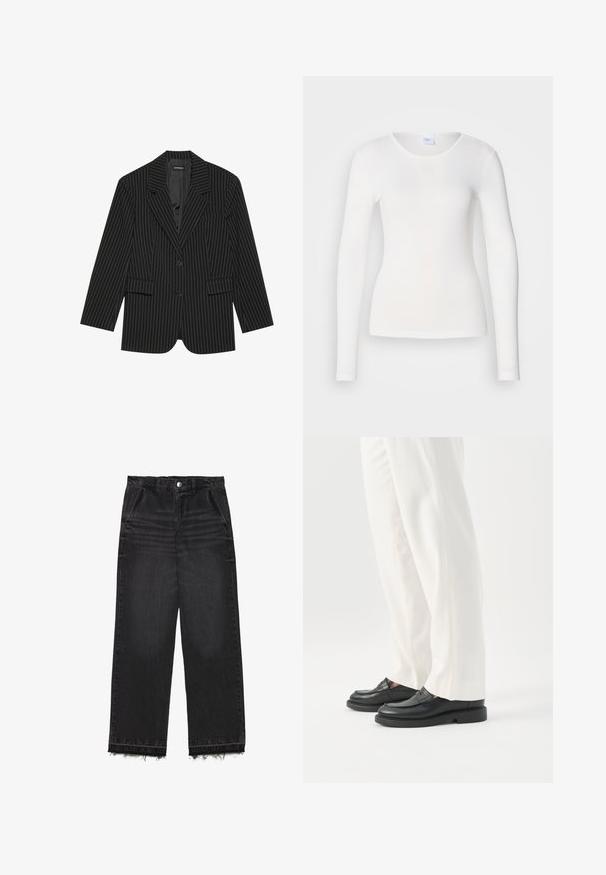 Sort blazer med nålestriber, med slået revers, enkelt knaplukning, to frontlommer og en let oversized pasform. Glat, skræddersyet stof.; Hvid langærmet skjorte lavet af et blødt, glat stof; har en rund halsudskæring og en tætsiddende facon uden mønstre eller pynt.; Sorte denimbukser med lige ben. Har høj talje, rå kant og en diskret falmet struktur. Foran er der lommer.; Person iført hvide skræddersyede bukser og sorte læder loafers stående på hvid baggrund.