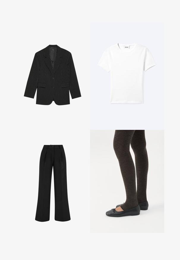 Čierny blazer s jemným prúžkom, s okrajovým golierom, jedným gombíkom, dvoma prednými vreckami a mierne voľným strihom. Hladká, prispôsobená tkanina.; Jednofarebné biele tričko s krátkym rukávom a okrúhlym výstrihom, s malou štítkou "WEEKDAY" vo vnútri výstrihu, zobrazené na svetlom pozadí, položené na rovnej ploche.; Čierne nohavice s vysokým pásom a širokými nohavicami, s prednými záhybmi, pútkami na opasok a zapínaním na gombík v páse.; Nohy v tmavých pásikavých legínach v kombinácii s čiernymi balerínkami s malými mašličkami na bielom pozadí.
