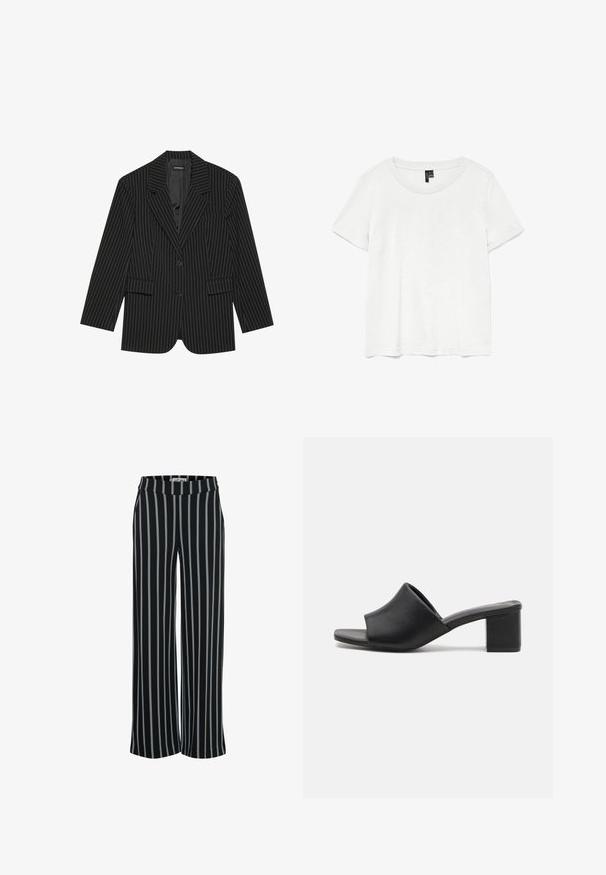 Blazer negro a rayas con solapa de muesca, cierre de un solo botón, dos bolsillos frontales y un ajuste ligeramente oversize. Tejido suave y ajustado.; Camiseta blanca de manga corta con un cuello redondo, hecha de tejido ligero. Diseño simple, textura suave y dobladillo recto.; Pantalones de tela negra con rayas verticales azules, diseño de pierna ancha y cintura elástica. Textura suave, sin cierres visibles.; Mulas de tacón cuadrado de cuero negro con punta abierta, que presentan una superficie lisa y una parte superior ligeramente curvada para mayor comodidad y estilo.