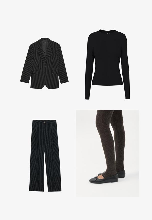 Blazer negro a rayas con solapa de muesca, cierre de un solo botón, dos bolsillos frontales y un ajuste ligeramente oversize. Tejido suave y ajustado.; Camiseta ajustada de mujer de manga larga negra con escote redondo, tela lisa y sin patrones o adornos visibles.; Pantalones de pierna ancha a rayas negras, fabricados con una tela texturizada, que cuentan con un cierre frontal de botón y un diseño plisado para mayor interés.; Piernas con leggings oscuros acanalados combinados con bailarinas negras que presentan pequeños detalles de lazo sobre un fondo blanco.