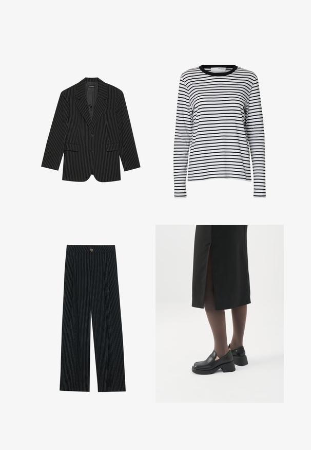 Blazer negro a rayas con solapa de muesca, cierre de un solo botón, dos bolsillos frontales y un ajuste ligeramente oversize. Tejido suave y ajustado.; Camisa blanca de manga larga con rayas horizontales negras y cuello redondo negro, mostrada sobre un fondo blanco liso.; Pantalones de pierna ancha a rayas negras, fabricados con una tela texturizada, que cuentan con un cierre frontal de botón y un diseño plisado para mayor interés.; Mujer con mocasines negros de tacón grueso, medias negras transparentes y una falda negra con una abertura trasera sobre un fondo blanco.
