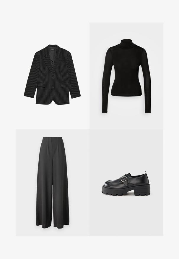Sort blazer med nålestriber, med slået revers, enkelt knaplukning, to frontlommer og en let oversized pasform. Glat, skræddersyet stof.; Sort turtleneck top lavet af et letvægts, strækbart materiale. Har lange ærmer og en tætsiddende silhuet uden synlige sømme.; Sorte vide bukser lavet af et glat stof, med høj talje og plisseret design for ekstra struktur og dybde.; Sorte læderplatformsko med en rundet tå, en bred spænde-detalje på siden og en tekstureret gummisål.