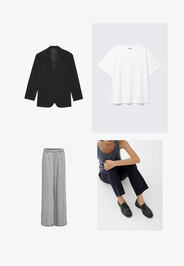 Blazer noir à rayures avec un col cranté, fermeture à un bouton, deux poches avant et une coupe légèrement oversize. Tissu lisse et ajusté.; T-shirt blanc à manches courtes, col rond, coupe décontractée et étiquette "WEEKDAY" à l’intérieur du dos du col.; Pantalon large gris clair avec ceinture élastique et passants pour ceinture, présentant des coutures à l'avant et à l'arrière pour la forme.; Mocassins en cuir noir avec accents texturés, talon bas, bout arrondi, et coutures visibles. Modèle portant un pantalon sombre et un haut gris.