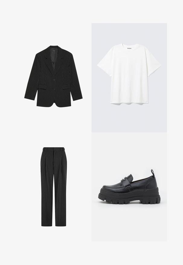 Zwarte pinstripe blazer met een notch-lapel, enkele knoopsluiting, twee voorzakken en een licht oversized pasvorm. Glad, op maat gemaakt stof.; Witte T-shirt met korte mouwen en een ronde hals, met een relaxte pasvorm en een "WEEKDAY" label aan de binnenkant achter bij de hals.; Zwarte gestreepte broek met een hoge taille, geplooide voorkant en een recht, slim-fit ontwerp. De stof lijkt gestructureerd en is op maat gemaakt voor een formele uitstraling.; Zwarte leren loafer met dikke geribbelde zool, moc-toe stiksels, banddetail bovenaan en een trekband bij de hiel, zijaanzicht getoond.