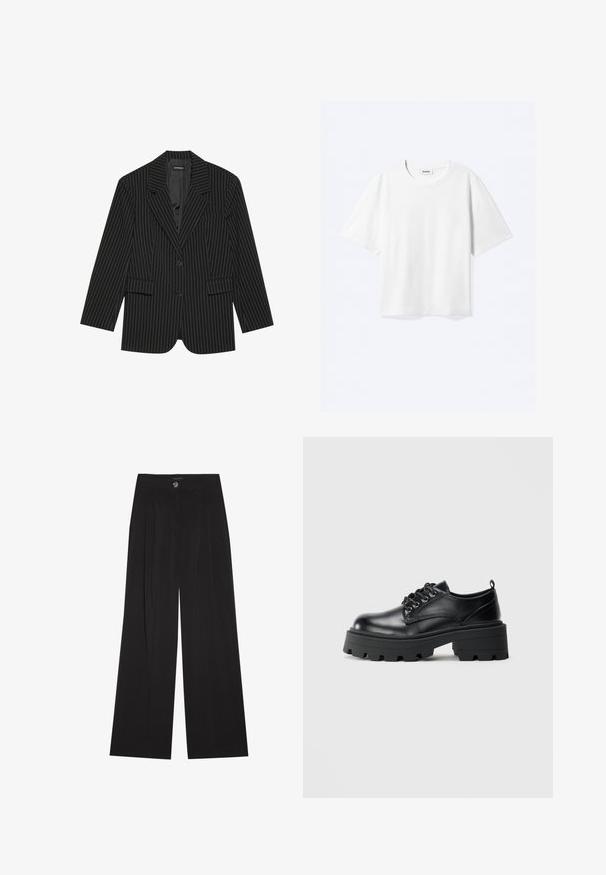 Blazer negro a rayas con solapa de muesca, cierre de un solo botón, dos bolsillos frontales y un ajuste ligeramente oversize. Tejido suave y ajustado.; Camiseta blanca de manga corta con cuello redondo y dobladillo recto, con etiqueta de la marca "WEEKDAY" dentro del escote.; Pantalones negros de pierna ancha confeccionados en tela suave, con cintura alta, pliegues frontales y cierre con un solo botón. Textura suave y diseño elegante a medida.; Zapatos de cuero negro con puntera redondeada, diseño de cordones y suela de goma gruesa con surcos profundos. Detalles de costura simple a lo largo de los bordes.