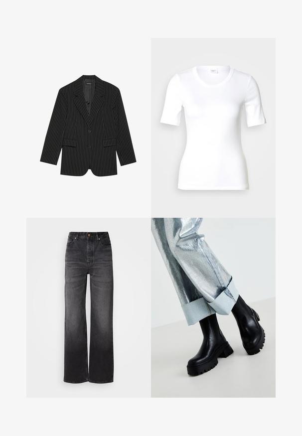Blazer noir à rayures avec un col cranté, fermeture à un bouton, deux poches avant et une coupe légèrement oversize. Tissu lisse et ajusté.; T-shirt blanc à manches courtes en coton lisse, doté d'un col rond et d'une coupe ajustée. Design classique, sans motifs ni accents.; Jeans en denim noir évasés à taille haute, cinq poches, fermeture à bouton et texture légèrement décolorée. Tissu épais avec une coupe structurée.; Bottines noires épaisses à la cheville avec des semelles texturées, portées avec un pantalon argent métallique doté d'un revers en denim clair. Design minimaliste, matériaux élégants.