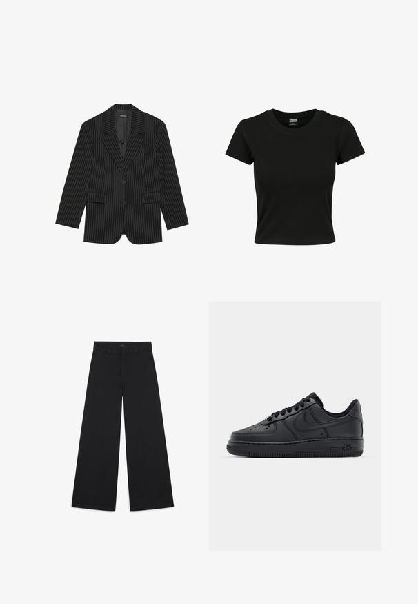 Čierny blazer s jemným prúžkom, s okrajovým golierom, jedným gombíkom, dvoma prednými vreckami a mierne voľným strihom. Hladká, prispôsobená tkanina.; Čierne tričko s krátkym rukávom vyrobené z hladkého bavlneného materiálu, s okrúhlym výstrihom a priliehavým strihom. Bez viditeľných vzorov alebo akcentov.; Široké čierne nohavice vyrobené z mäkkej, tkaninovej látky. Obsahujú prežehlené záhyby, pútka na opasok a čistý, upravený vzhľad.; Čierne kožené tenisky s perforovanou špičkou, plochými šnúrami a gumovou podrážkou. Obsahujú malé logo na boku a textúrované detaily.