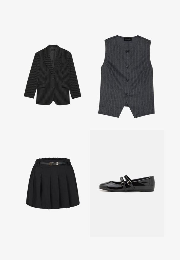 Blazer negro a rayas con solapa de muesca, cierre de un solo botón, dos bolsillos frontales y un ajuste ligeramente oversize. Tejido suave y ajustado.; Chaleco gris de rayas finas, hecho de una tela con acabado texturizado, que presenta cinco botones negros y un escote redondeado, con un corte entallado.; Falda plisada negra con cintura elástica recogida y un cinturón negro delgado con una hebilla en tono dorado. Hecha de tejido tejido.; Zapatos de charol negro con punta cuadrada, que cuentan con dos correas ajustables con hebillas en el medio del pie y una suela plana y de bajo perfil.