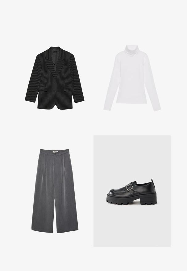 Blazer noir à rayures avec un col cranté, fermeture à un bouton, deux poches avant et une coupe légèrement oversize. Tissu lisse et ajusté.; Haut à col roulé à manches longues blanc, fabriqué en tissu lisse et extensible. Il présente un col haut et une coupe ajustée, sans motifs ni embellissements visibles.; Pantalon gris à jambes larges avec plis avant, passants pour ceinture, et fermeture par bouton, confectionné dans un tissu texturé.; Chaussures compensées en cuir noir avec un bout arrondi, une large boucle décorative sur le côté, et une semelle en caoutchouc texturée.