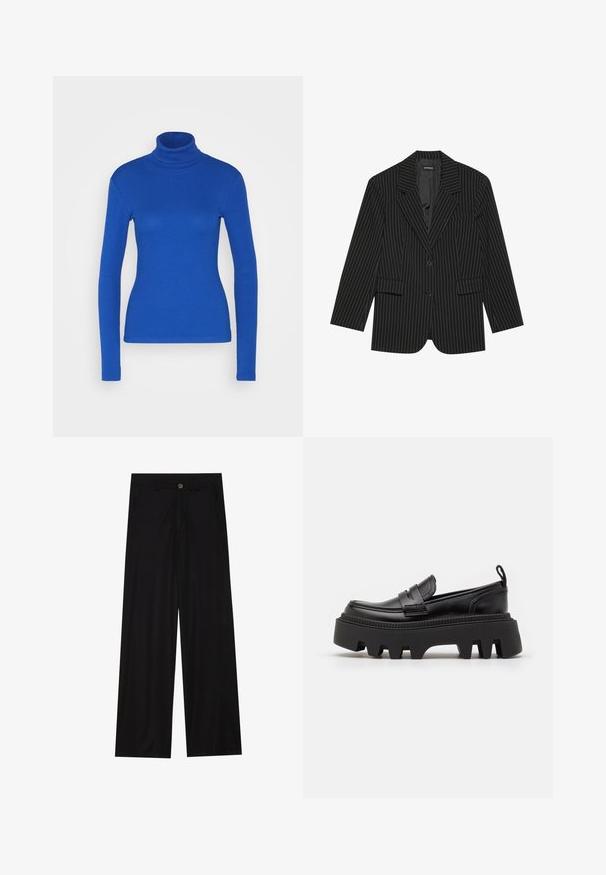Blazer negro a rayas con solapa de muesca, cierre de un solo botón, dos bolsillos frontales y un ajuste ligeramente oversize. Tejido suave y ajustado.; Top de cuello alto de manga larga azul fabricado en material acanalado, con una silueta ajustada y textura suave. No se presentan detalles adicionales.; Pantalones negros de pierna ancha hechos de una tela suave, con bolsillos delanteros y cierre de botón en la cintura. Diseño minimalista sin patrones.; Mocasines de cuero negro con una suela de goma negra gruesa, que cuentan con ranuras antideslizantes y una correa decorativa en la parte delantera.