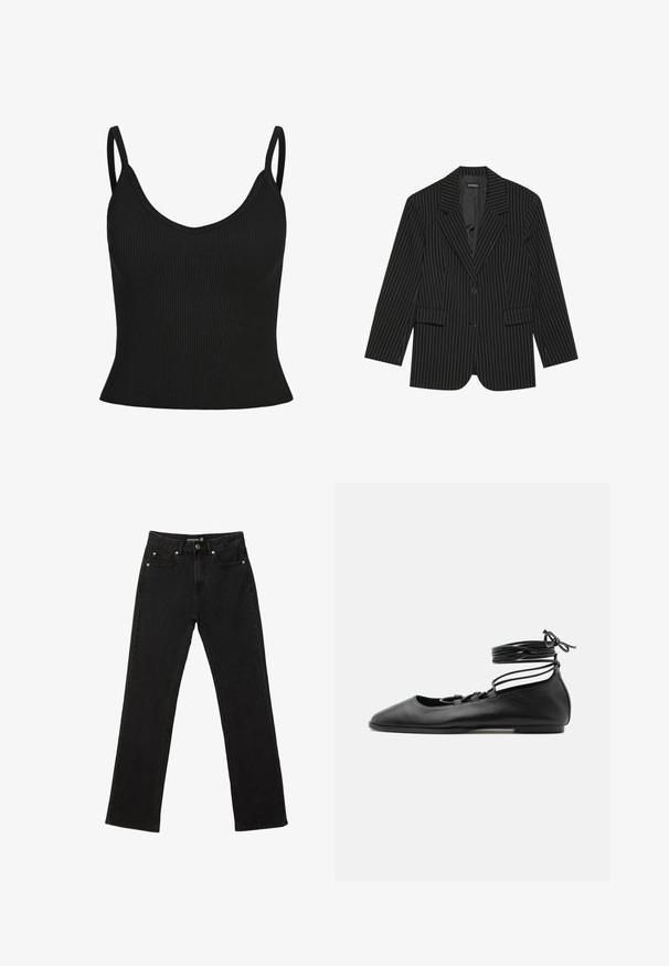 Sort blazer med nålestriber, med slået revers, enkelt knaplukning, to frontlommer og en let oversized pasform. Glat, skræddersyet stof.; Sort ribbet tanktop med tynde stropper, V-hals, tætsiddende form og tekstureret stof. Ingen yderligere mønstre eller detaljer synlige.; Sorte denim-jeans med lige ben, fem lommer, knaplukning og bæltestropper, størrelse 38.; Sort læder flad balletsko med spids tå, flere tynde stropper over toppen og snørebånd viklet rundt om anklen.