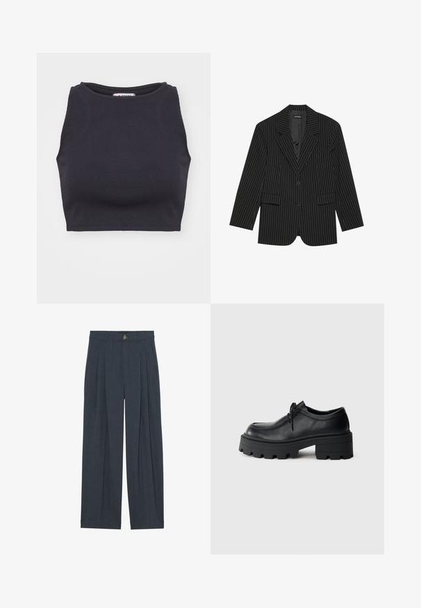 Sort blazer med nålestriber, med slået revers, enkelt knaplukning, to frontlommer og en let oversized pasform. Glat, skræddersyet stof.; Sort ribbet crop top med rund halsudskæring og uden ærmer. Glat tekstur, tætsiddende form og minimalistisk stil.; Vide bukser lavet af tekstureret mørkegråt stof, med foran pliserede detaljer, en knaplukning og sidelommer for ekstra funktionalitet.; Sort læder snørebåndssko med en tyk, tekstureret sort gummisål og en rund tå. Har subtile syninger.