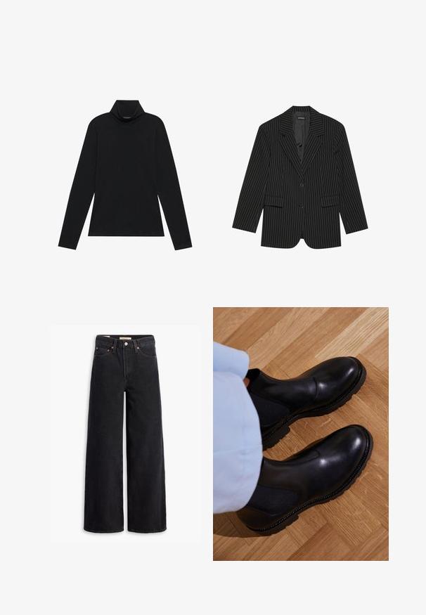 Zwarte pinstripe blazer met een notch-lapel, enkele knoopsluiting, twee voorzakken en een licht oversized pasvorm. Glad, op maat gemaakt stof.; Zwarte langetermijn turtleneck. Zachte stof, getailleerd design, hoge kraag en zijnaad. Eenvoudige en veelzijdige stijl die geschikt is voor het laagjes dragen.; Zwarte brede jeans gemaakt van denim, met vijf zakken, koperen klinknagels en een klassieke knoopsluiting. Glad van textuur met een strakke uitstraling.; Zwarte enkellaarzen van soepel leer met elastische zijpanelen, een getextureerde rubberen zool en contrasterende stiklijnen langs de rand.