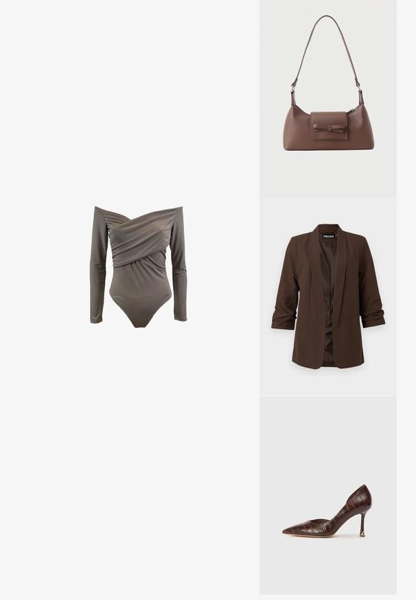 Mørkebrun skræddersyet blazer med sjalskrave, trekvartærmer og en glat satinforing, der har et minimalistisk design.; Off-shoulder ensfarvet badetøj i olivengrøn med lange ærmer, draperet front og glat, strækbart stof.; Brun, krokodillede læder højhælet sko med spids tå og slank hæl, der har en gylden trekantet accenter.; Brun skuldertaske i læder med en frontlomme med klap, der har en sydd sløjfedetalje, og en justerbar rem.