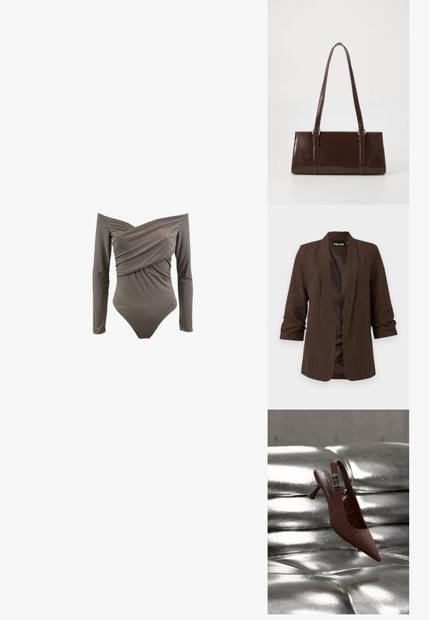 Mørkebrun skræddersyet blazer med sjalskrave, trekvartærmer og en glat satinforing, der har et minimalistisk design.; Off-shoulder ensfarvet badetøj i olivengrøn med lange ærmer, draperet front og glat, strækbart stof.; Brun spids slingback-sko med lav hæl og spænde, hvilende på en skinnende, metallisk sølv tuftet overflade.; Brun lakeret håndtaske med rektangulær form, to lange håndtag og subtile buede detaljer på fronten.