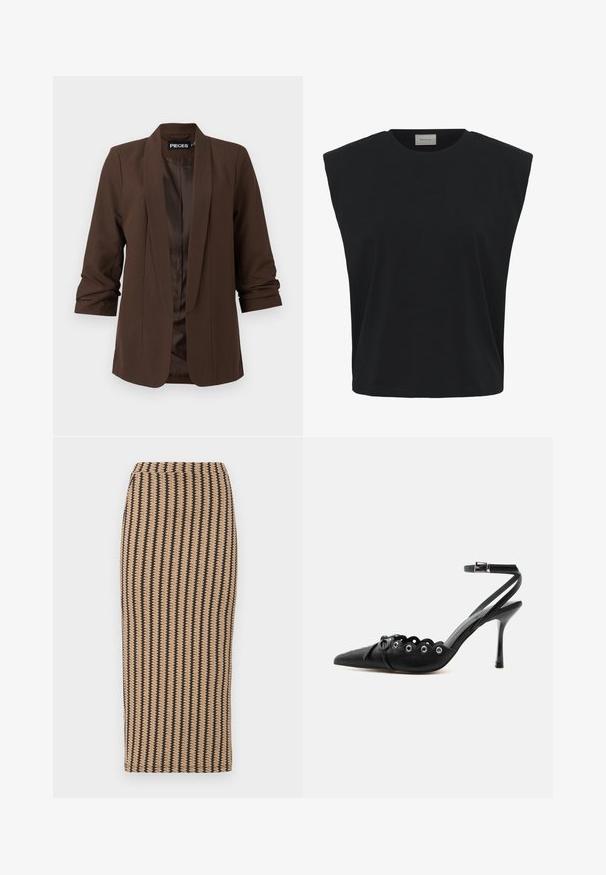 Mørkebrun skræddersyet blazer med sjalskrave, trekvartærmer og en glat satinforing, der har et minimalistisk design.; Sort ærmeløs top med polstrede skuldre og lille broderet logo på brystet, mærket Gestuz ved halsudskæringen.; Strikket blyantskirt i tan med vertikale sorte striber. Mellemlangt, tætsiddende design med en glat tekstur og enkel talje. Ingen synlige lukninger.; Sort spids hæl med bølgede kanter, metaløjer, snørelukning foran og ankelrem med spænde.
