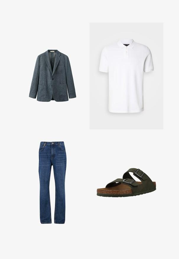 Mørkegrå enkeltknappet blazer med notch revers, to store frontlommer, en brystlomme og to knapper.; Hvid polo skjorte lavet af bomuld. Har en klassisk krave, tre-knaps placket og korte ærmer. Diskret logo broderet på brystet.; Mørkeblå denim jeans med lige ben, der har forlommer, bæltestropper og lynlåsnegle med knaplukning.; Grønne slip-on sandaler med to justerbare stropper, en korksål og en gummisål. Har sølvspænder og et tekstureret overmateriale.