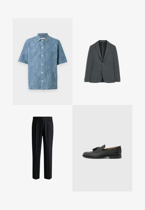 Dunkelgrauer Herrenblazer mit Kantenrevers, zwei aufgesetzten Taschen vorne, zwei Knöpfen und einer Brusttasche, vor weißem Hintergrund abgebildet.; Kurzärmeliges Hemd mit Knopfleiste aus blauem Denimstoff mit texturierter Oberfläche, ausgestattet mit einem klassischen Kragen und weißen Knöpfen.; Schwarze Hose aus glattem Stoff, mit geradem Bein-Design, Falten vorne und einem Knopfverschluss mit Gürtelschlaufen.; Schwarzer Herrenschuh aus Leder mit Quasten, runder Spitze, niedrigem Absatz und Zuglasche auf der Rückseite, seitlich auf hellem grauem Hintergrund dargestellt.