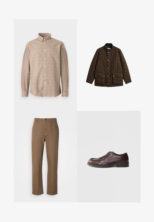 Chaqueta marrón acolchada con cierre frontal de broches a presión, cuello mao y dos bolsillos delanteros con solapas y broches a presión.; Camisa de botones de manga larga a cuadros en tonos beige y marrón con cuello botones, exhibida sobre un fondo liso, vista frontal.; Pantalones de algodón marrones con corte recto, cierre de botón y bolsillos laterales. Presentan una textura suave y un diseño simple, sin adornos.; Zapato de vestir de cuero marrón con punta redonda, acentos de costura mínimos y una suela negra resistente. Presenta un cierre con cordones y una textura suave.