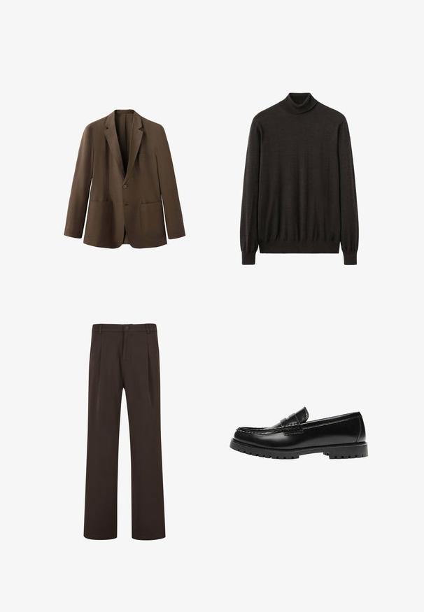 Blazer marron à un bouton avec revers crantés, deux grandes poches avant et une poche poitrine passepoilée, présenté sur fond blanc.; Pull à col roulé marron foncé en matière tricotée douce. Présente des manches longues et un col côtelé ajusté. Design simple et classique.; Pantalon droit marron foncé avec passants pour ceinture, fermeture par bouton et deux plis à l’avant.; Mocassin en cuir noir avec une semelle en caoutchouc épaisse et un détail classique de bride à monnaie, vu de côté extérieur.
