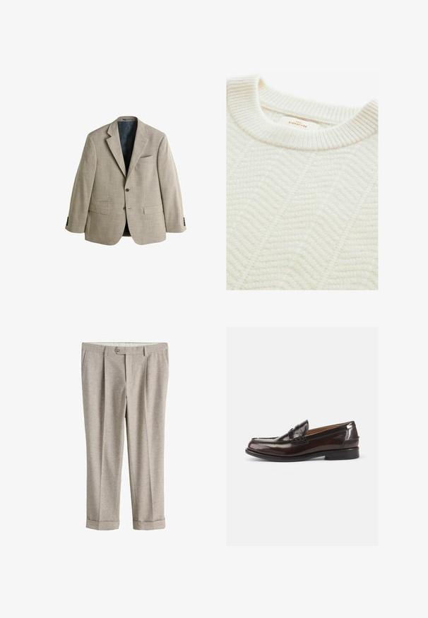 Next REGULAR FIT - SMART TEXTURED - Americana - stone; Suéter de punto color crema con cuello redondo acanalado, con un patrón texturizado de espiga y una etiqueta que dice "NEXT SIGNATURE."; Pantalones a medida de color beige claro con cierre de botones, trabillas para cinturón, bolsillos laterales y bajos doblados.; Mocasines de cuero marrón con un acabado brillante, un diseño cosido en la punta y un tacón bajo. Detalle de marca en relieve en el lateral.