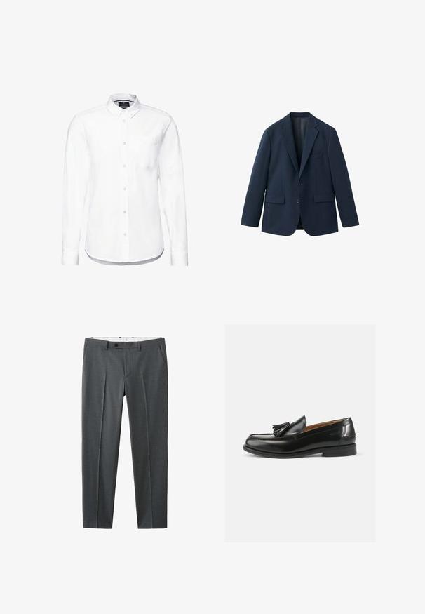 Marineblauer einreihiger Blazer mit Kerbaufschlägen, zwei vorderen Pattentaschen, einer Brusttasche mit Paspel und zwei Knöpfen vorne.; Weißes Langarmhemd aus Baumwolle mit einem Button-Down-Kragen, Fronttasche und abgerundetem Saum mit knopfbaren Manschetten.; Dunkelgraue formelle Hose mit Knopf- und Reißverschluss, Gürtelschlaufen, Seitentaschen und vorderen Bügelfalten, hängend an einem Kleiderbügel.; Schwarze Leder Slipper mit einem Quastenakzent, runder Spitze und glatter Oberfläche. Die Sohle ist flach mit minimalem Profil.