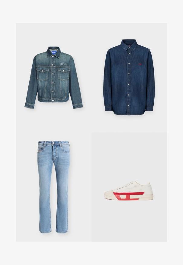 Veste en denim bleu avec fermeture à boutons, deux poches poitrine à rabats, et marquage "HUGO" sur la poitrine gauche et l’étiquette du col.; La chemise en denim présente une teinte bleu foncé, un col boutonné, un col pointu, des manches longues et un petit logo rouge sur la poitrine.; Jean droit en denim bleu clair avec poches avant, passants de ceinture, fermeture à boutons et coutures visibles sur un fond uni.; Baskets en toile avec un dessus blanc, des accents en caoutchouc rouge et un design texturé. Elles présentent une tête arrondie et cinq œillets pour les lacets.