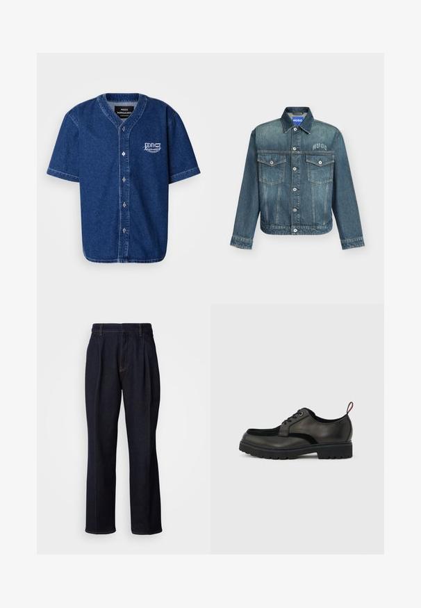 Blauwe spijkerjas met knopen aan de voorkant, twee borstzakken met kleppen en "HUGO" branding op de linkerborst en neklabel.; Korte mouw, button-up shirt gemaakt van donkerblauwe denim met een klassieke kraag en een wit geborduurd logo op de linkerkant van de borst.; Donkerblauwe denim jeans met wijde pijpen, inclusief voorplooien en oranje stiksels, weergegeven op een witte achtergrond.; Zwarte leren veterboot met dikke, getande zool en rode trekband aan de hiel, weergegeven in zijprofiel op een lichtgrijze achtergrond.