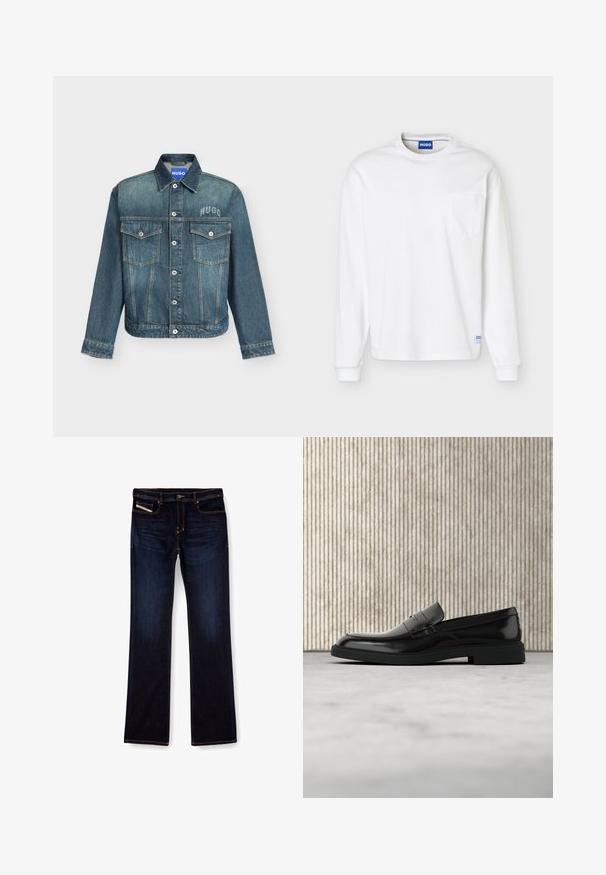 Blauwe spijkerjas met knopen aan de voorkant, twee borstzakken met kleppen en "HUGO" branding op de linkerborst en neklabel.; Wit shirt met lange mouwen, ronde hals, borstzakje en een blauw merkembleem bij de kraag en onderzoom.; Donkerblauwe denim jeans met een rechte pijp, voorzien van oranje stiksels, een ritssluiting en voorzakken. Glad oppervlak en een standaard tailleband.; Zwarte gepolijste leren loafer die boven een beige tapijt zweeft met oranje doorschijnend meubilair op de achtergrond.