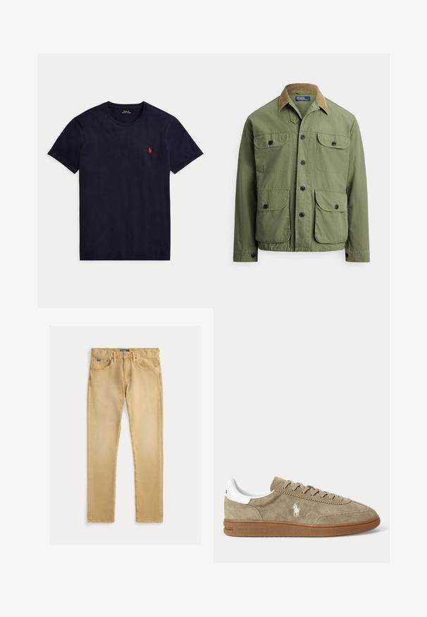 Olivengrøn bomuldsjakke med en fløjlsagtig krave, fire forlommer og sorte knapper. Har en lige pasform og enkelt design.; Marineblå t-shirt med korte ærmer og rund hals med lille rødt Polo Ralph Lauren-logo på venstre bryst.; Beige bomuldsjeans med slim fit, fem-lommes design og synlig syning. Har en metal knap og label på taljen.; Beige lavskoet ruskindesneaker med brun sål, hvid hældetalje, snørebånd og en hvid broderet polospillerlogo på siden.