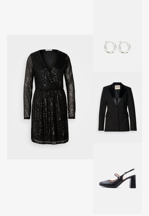 Blazer negro con solapa de satén, cierre de un solo botón, dos bolsillos con tapa, corte elegante y textura suave, fabricado con un tejido duradero.; Vestido negro con lentejuelas que presenta mangas largas, un escote en V profundo y una cintura ajustada. Las lentejuelas cubren toda la prenda, reflejando la luz.; Zapato Mary Jane de cuero negro con tacón grueso y correa ajustable, mostrado de lado sobre fondo blanco.; Pendientes de aro de plata con un acabado pulido, que presentan una forma circular y un cierre de gancho. Textura suave con detalles mínimos.