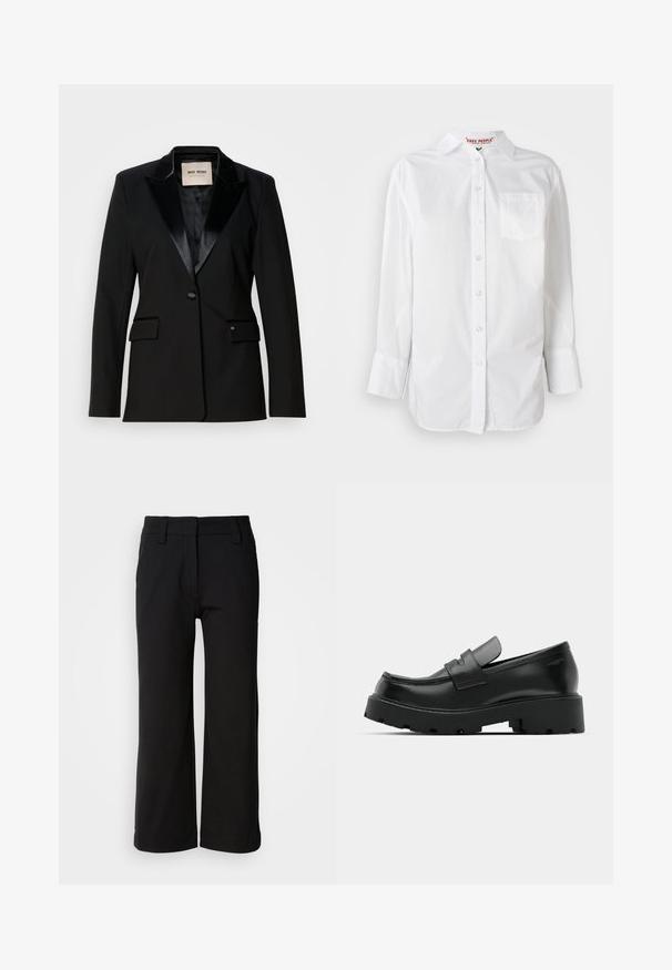 Sort blazer med satin revers, enkelt knaplukning, to klaplommer, slank skæring og glat tekstur, lavet af slidstærkt stof.; Hvid langærmet skjorte med knapper og krave samt brystlomme, Præsenteret mod en ensfarvet baggrund.; Sorte bukser med vid ben lavet af glat stof. Har flad front, bæltestropper og en ren kant uden lommer eller synlige knapper.; Sorte læder loafers med en chunky tekstureret sål, der har en rem over vamps og en glat, poleret finish.