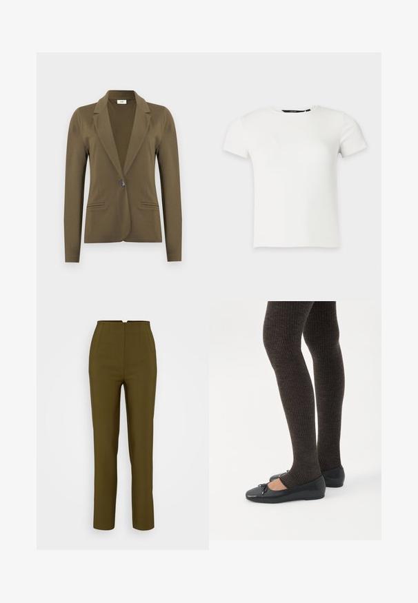 Blazer ajusté vert olive à manches longues, revers crantés, fermeture à simple bouton noir, et deux poches passepoilées à l'avant.; T-shirt blanc à manches courtes en maille côtelée avec col rond, présenté sur un fond uni gris clair.; Pantalons ajustés vert olive avec taille haute, dotés de plis sur le devant et d'une coupe droite, fabriqués à partir d'un tissu lisse.; Jambes portant des leggings côtelés foncés associés à des ballerines noires avec de petits détails en nœud sur fond blanc.