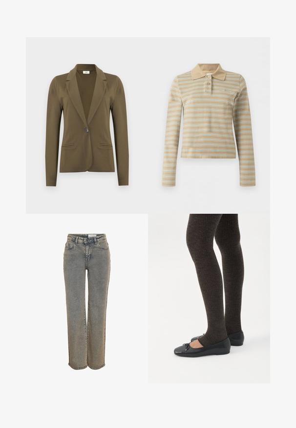 Olivengrøn skræddersyet blazer med lange ærmer, knappet revers, enkelt sort knaplukning og to frontlommer med åbning.; Beige langærmet polotrøje med hvide vandrette striber og to knapper på kraven.; Gråvasket denimjeans med lige ben, forlommer, bæltestropper og lukning med knap og lynlås i taljen.; Ben iført mørke ribbede leggings kombineret med sorte balletsko med små sløjfedetaljer på hvid baggrund.