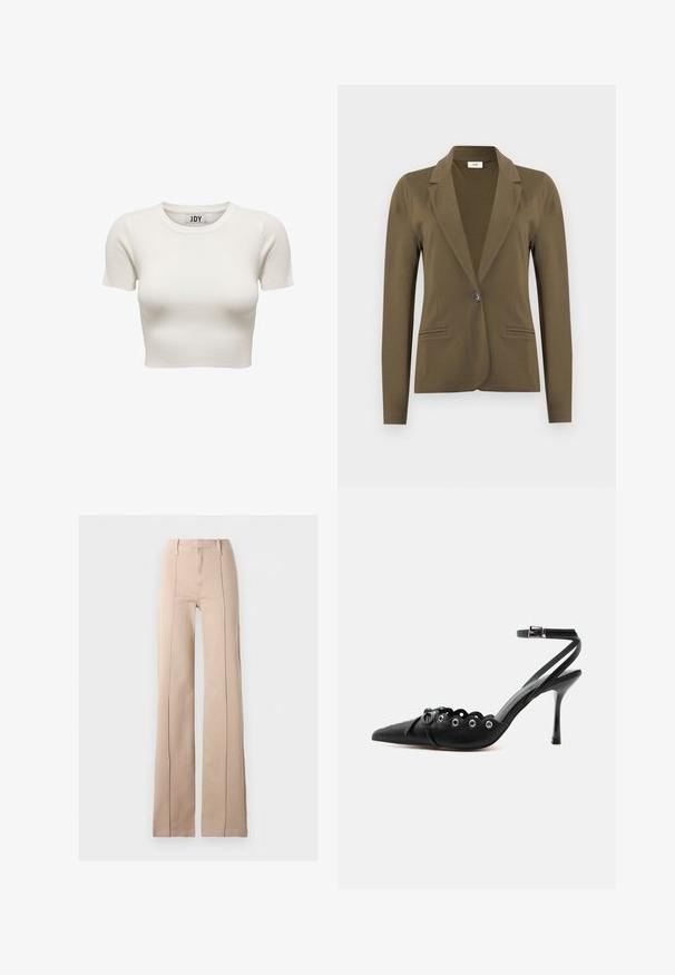 Blazer ajusté vert olive à manches longues, revers crantés, fermeture à simple bouton noir, et deux poches passepoilées à l'avant.; Crop top court crème à manches courtes en tissu côtelé avec col rond et étiquette de marque JDY à l'intérieur du col, présenté sur fond blanc.; Pantalon large taille haute beige avec coutures avant, passants de ceinture et fermeture éclair, sur un fond uni.; Chaussure à talon haut noire à bout pointu, bords festonnés, œillets métalliques, lacets à l'avant et bride de cheville avec fermeture à boucle.
