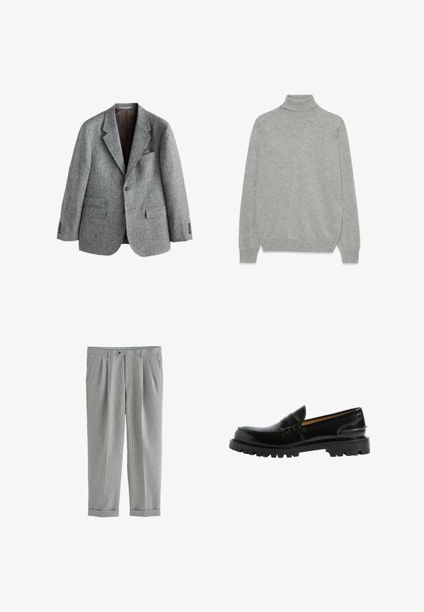 Grauer Wollblazer mit strukturierter Oberfläche, Revers mit Kerbkragen, zwei Fronttaschen und einer Brusttasche mit braunem Akzent. Zweiknopfverschluss.; Helles grauer Rollkragenpullover aus weichem Strickmaterial, mit einem lässigen Schnitt, langen Ärmeln und geripptem Abschluss an den Bündchen und dem Kragen.; Graue karierte Anzughose mit Gürtelschlaufen, Vorderfalten, seitlichen Taschen, Knopfverschluss und gekrempelten Säumen.; Schwarze Lederloafers mit einer bequemen Silhouette, strukturierten Details im Obermaterial und einer robusten schwarzen Gummisohle.