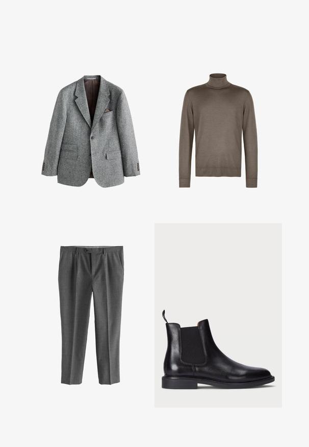 Grå uldblazer med en struktureret finish, notched revers, to forlommer og en brystlomme med en brun accent. Lukning med to knapper.; Brun turtleneck sweater lavet af glat stof, med en tætsiddende hals, lange ærmer og ribbede manchetter og kant.; Grå bukser lavet af tekstureret stof, med lige ben, forlommer og knaplukning.; Sort læder Chelsea støvle med elastiske sidelæg, tekstureret overflade, rund tå og en lav stablet hæl. Har en grebsløkke for nem påtagning.