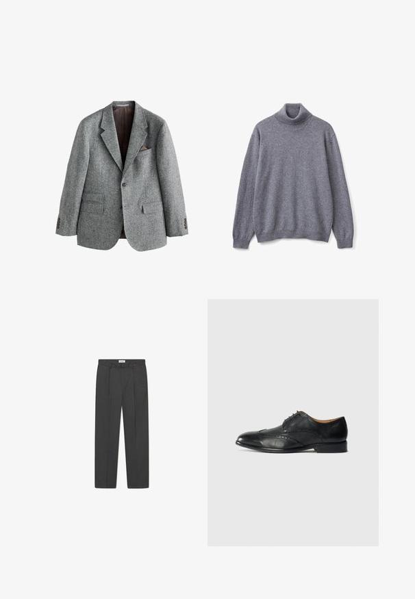 Blazer de lana gris con acabado texturizado, solapas con muesca, dos bolsillos frontales y un bolsillo en el pecho con un detalle marrón. Cierre de dos botones.; Suéter de cuello alto gris hecho de un suave tejido de punto; presenta un cuello y puños acanalados, mangas largas y un corte relajado.; Pantalones grises a medida con un sutil patrón de cuadro, tejido texturizado y pliegues delanteros, presentando una cinturilla con pasadores para cinturón.; Zapato de vestir para hombre en cuero negro con detalles de brogue y cordones, mostrado en perfil derecho sobre un fondo blanco.