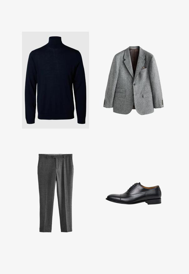 Grauer Wollblazer mit strukturierter Oberfläche, Revers mit Kerbkragen, zwei Fronttaschen und einer Brusttasche mit braunem Akzent. Zweiknopfverschluss.; Marineblauer Rollkragensweater, lange Ärmel, gerippte Bündchen und Saum, aus weichem Stoff mit glatter Textur und minimalistischem Design.; Graue maßgeschneiderte Hose aus strukturiertem Stoff, mit Reißverschluss, vorderen Taschen und geradem Bein. Keine sichtbaren Muster oder Akzente.; Schwarzer Herrn Oxford Lederschuh mit geschlossener Schnürung, Kappzehe und niedrigem Absatz, seitlich auf weißem Hintergrund abgebildet.