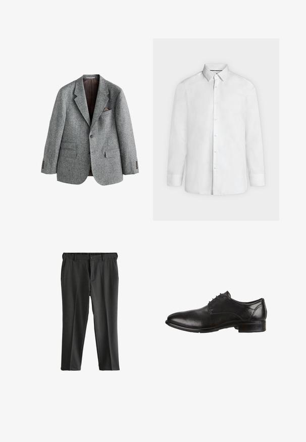 Grauer Wollblazer mit strukturierter Oberfläche, Revers mit Kerbkragen, zwei Fronttaschen und einer Brusttasche mit braunem Akzent. Zweiknopfverschluss.; Weißes Hemd mit langen Ärmeln, ausgestelltem Kragen und geknöpften Manschetten, frontal auf hellgrauem Hintergrund dargestellt.; Grau maßgeschneiderte Hose mit flachem Frontschnitt, zwei seitlichen Taschen und Knopfverschluss. Glattes Material mit subtiler Textur und gepressten Bügelfalten.; Schwarze Leder-Dressschuhe mit glatter Oberfläche, runder Zehenform, Schnürdesign und niedrigem, gestapeltem Absatz. Dezente Nähte sind sichtbar.