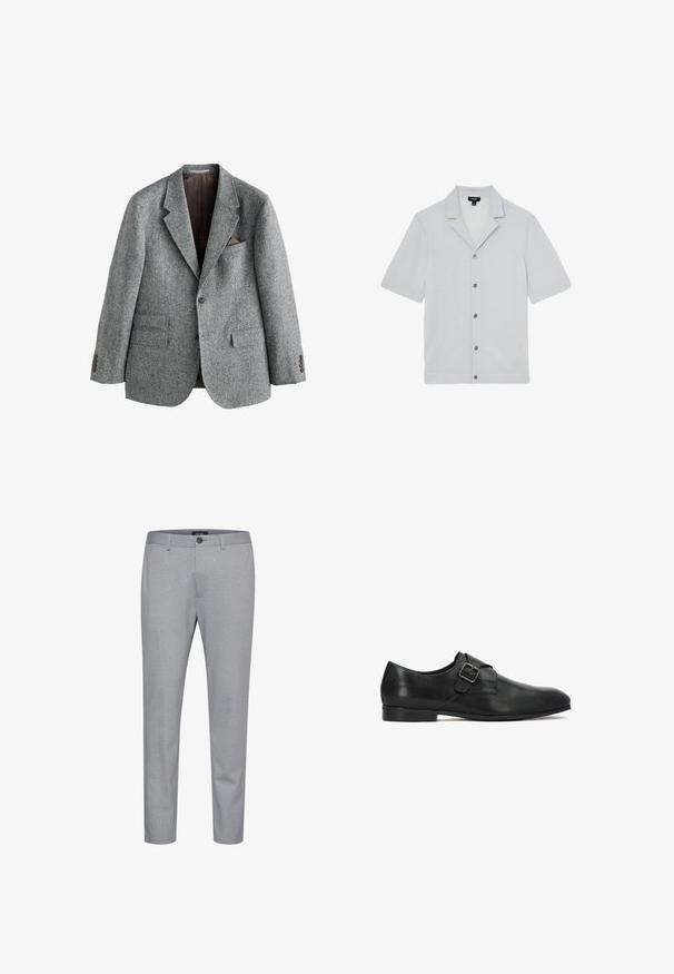 Blazer de lana gris con acabado texturizado, solapas con muesca, dos bolsillos frontales y un bolsillo en el pecho con un detalle marrón. Cierre de dos botones.; Camisa gris claro de manga corta con botones en la parte delantera y cuello con muesca, mostrada sobre fondo blanco.; Pantalones grises con patrón, hechos de una tela de textura suave. Cuentan con un cierre de botón y un diseño de pierna ajustada.; Zapato formal de cuero negro con una correa con hebilla lateral, tacón bajo y punta elegante y afilada, sobre un fondo blanco.