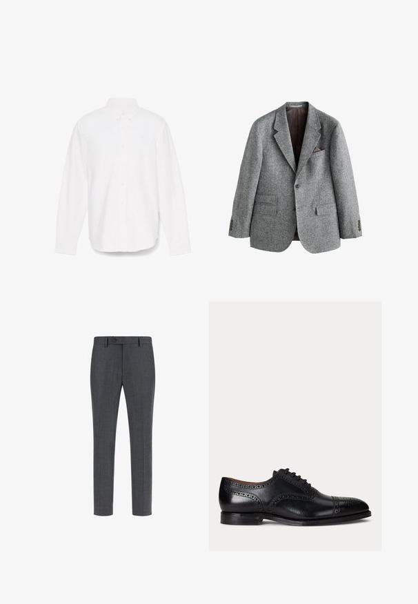 Blazer de lana gris con acabado texturizado, solapas con muesca, dos bolsillos frontales y un bolsillo en el pecho con un detalle marrón. Cierre de dos botones.; Camisa blanca de manga larga con botón, cuello puntiagudo, un bolsillo y tejido texturizado sutil. Presenta puños con botones y un dobladillo recto.; Pantalones oscuros de lana mezclada con textura, con corte ajustado, frente plano, bolsillos laterales y cierre de un solo botón. Diseño de corte slim.; Zapato de vestir masculino de cuero negro con detalles brogue, puntera con tapa y cierre con cordones, mostrado desde el lado exterior sobre un fondo liso.