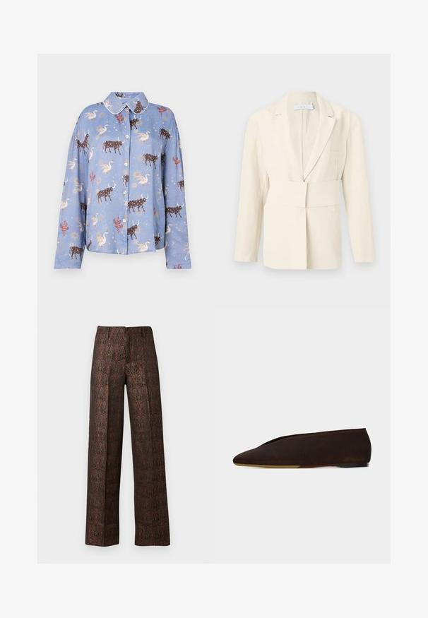 Veste tailleur couleur crème avec une large ceinture en tissu, un col à revers crantés et des manches longues, présentée sur un fond uni.; Chemise à manches longues bleu clair avec un motif de taureaux bruns, de cygnes et d'éléments célestes ; fermeture par boutons et col contrasté.; Pantalons à jambes larges en riche tissu bordeaux à motifs dorés, présentant des designs complexes et une texture lisse. Taille élastique pour plus de confort.; Chaussure plate en daim marron foncé avec un bout pointu et un petit talon, présentée en profil latéral sur un fond blanc.