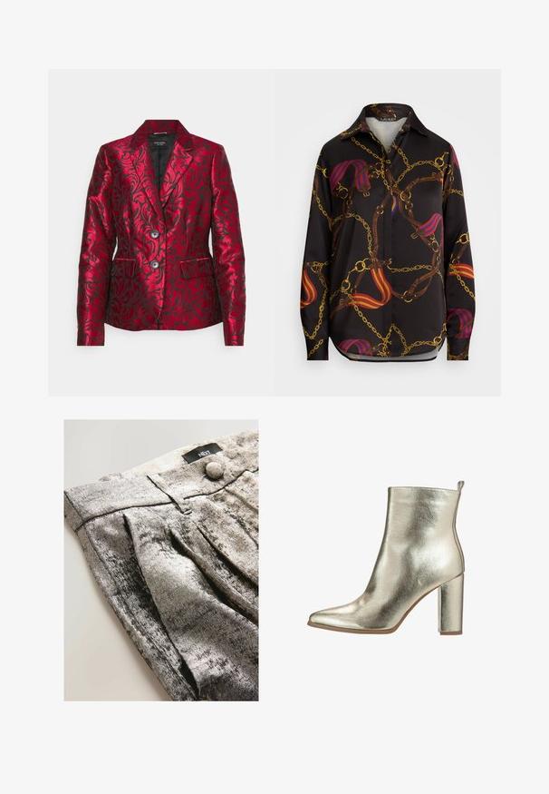 Rød mønstret blazer lavet af satin med en struktureret blomsterdesign, der har en krave med notch, to knapper og sidelommer. Sort foring.; Sort langærmet skjorte med et kæde- og remmønster i guld, rød og blå. Den har en klassisk krave og en buet kant.; Metallisk sølvfarvede bukser lavet af et blødt, tekstureret stof. Har folder og en knaplukning. Mærket er synligt på taljen.; Metallic guld ankelstøvle med spids tå, glat tekstur og en chunky høj hæl. Har en løkke bagpå for nem påtagning.