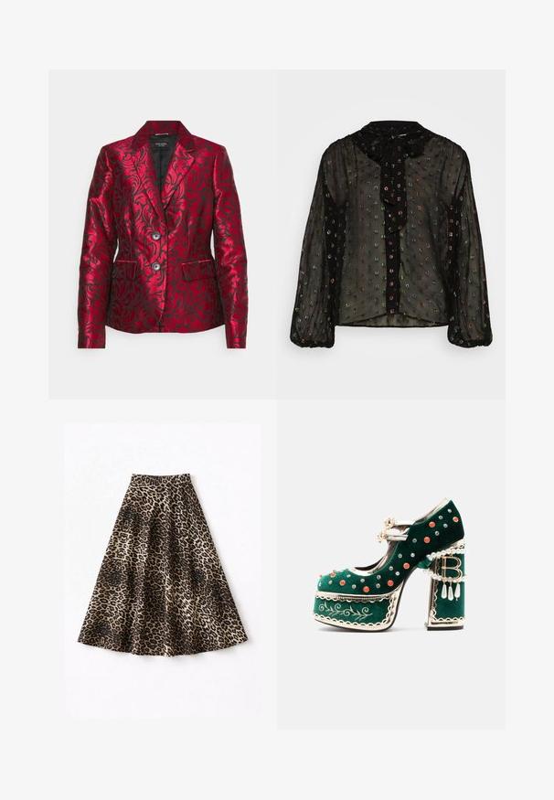 Blazer rouge à motifs fabriqué en satin avec un design floral texturé, doté d'un col à revers, de deux boutons et de poches latérales. Doublure noire.; Blouse noire transparente à manches longues, ornée de sequins multicolores en motifs géométriques, avec un col noué et un devant à boutons.; Jupe midi à motif léopard en tissu doux, avec une silhouette fluide, une ceinture noire et un motif varié marron et noir.; Chaussure à plateforme en velours vert avec des clous décoratifs rouges et argentés, des brides en perles, une bordure dorée, une broderie et un talon bloc avec des perles pendantes et un charme "B".