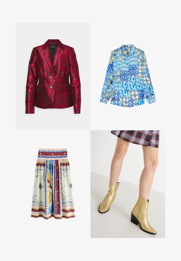 Rød mønstret blazer lavet af satin med en struktureret blomsterdesign, der har en krave med notch, to knapper og sidelommer. Sort foring.; Langærmet skjorte med knapper med blå, hvide og gyldne geometriske og blomstrede patchworkmønstre.; Nederdel med nautisk kortprint inklusive kompasroser, ankre, bølger, solmotiver og dekorative kanter i creme, blå, rød, gul og pink.; Guldankelstøvler med spids tå og sort hæl. Fremstillet af et skinnende, glat materiale, med en sidestrømpe og syede detaljer.